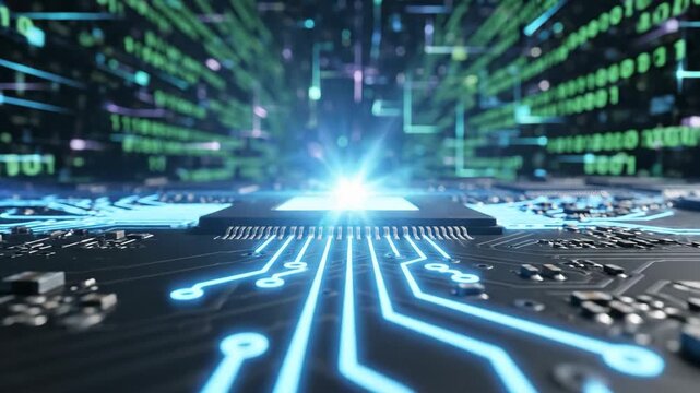 High Tech Motherboard with Binary Data - A close-up shot reveals a detailed view of a high-tech motherboard with an embedded chip, showcasing its intricate circuitry.