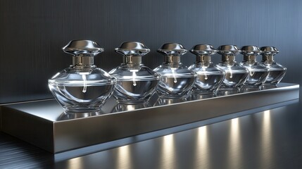 Sleek chrome perfume bottles displayed on a minimalist shelf