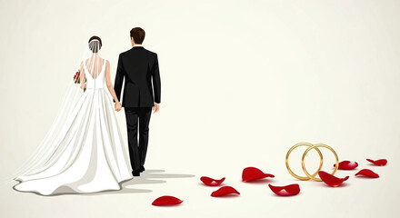 Bride and Groom Holding Hands in Vector Illustration with Wedding Rings and Petals