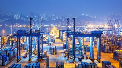 Shipping Containers Illuminated At Industrial Port Under Dark Skyline