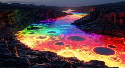 Fototapeta premium Breathtaking landscape with a river flowing through a canyon, illuminated by a vibrant rainbow of glowing colors and glowing circles