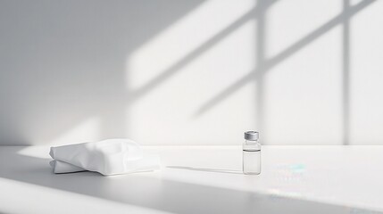 Pair of sterile gloves folded next to a vaccine vial on white