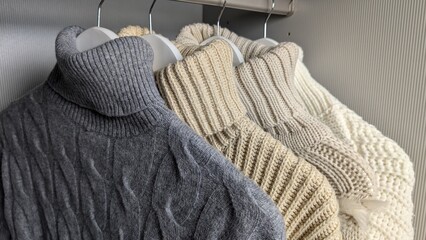 Close-up shot of sweaters in different colors hanging on wooden hangers in a wardrobe, 