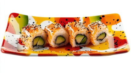Sushi rolls with avocado and eel on a decorative ceramic plate