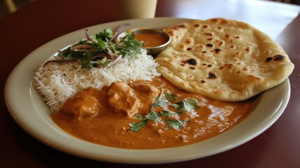 Indian Chicken Tikka Masala Curry with Rice and Naan Served