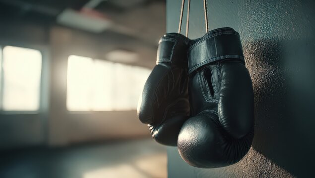 Boxing Gloves: Black leather boxing gloves hang suspended against a muted, industrial backdrop, evoking a sense of raw power and the solitary focus of the sport.