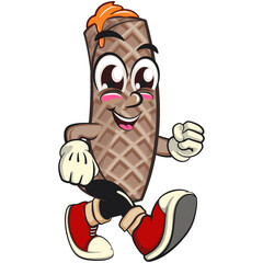 funny cute wafer stick biscuit mascot character walking, cartoon vector illustration for dessert and bakery design, work of hand drawn