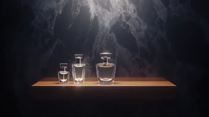 Three crystal perfume bottles on a dark oak shelf