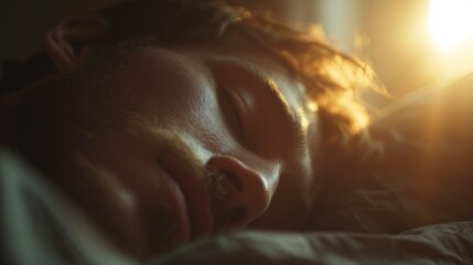 Naklejka premium A bearded man lies with his eyes gently closed as sunlight illuminates his face. The sunlight softly highlights the man's hair and casts a warm glow on the man.