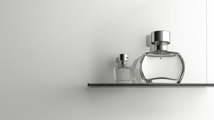 Two elegant perfume bottles displayed on a floating shelf