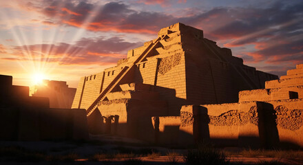 Ancient Ziggurat at Sunset: Mesopotamian or Ancient Civilization Architecture