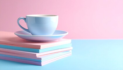 Cozy stack of colorful books next to a warm cup of coffee on a desk creating a relaxing space