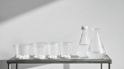 Water purification tablets and bottles displayed on a laboratory shelf