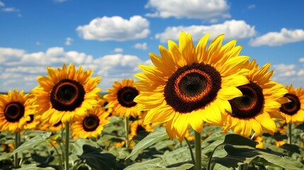 Fototapeta premium Sunflowers in full bloom under a bright blue summer sky