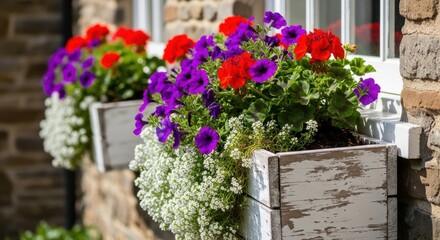 Colorful Flowers in Window Boxes Vibrant Red and Purple Blooms on Stone Building Exterior Bright Summer Floral Display