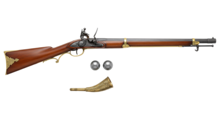Vintage mid century brown bess flintlock rifle with ornate features and historical significance isolated on transparent background