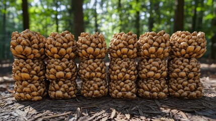 Stacked bundles of dried pine needles with an earthy scent outdoors