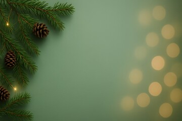 Christmas tree lights glowing behind pine branch, blurred lights