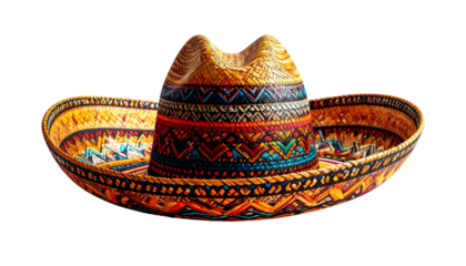 Colorful woven sombrero hat with intricate patterns. Isolated on a black background