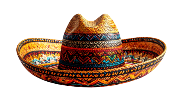 Colorful woven sombrero hat with intricate patterns. Isolated on a black background