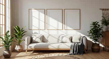 Bright Scandinavian Living Room With Natural Light Flooding Through Large Windows Onto A White Sofa And Potted Plants.