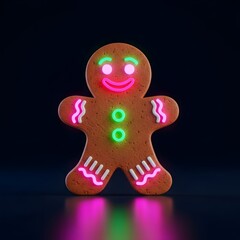 Christmas Gingerbread Character Illuminated With Vibrant Neon Lights and Reflected Glow on Dark Surface
