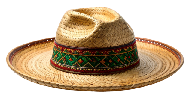 A wide-brimmed, woven hat with a decorative band, isolated on a black background