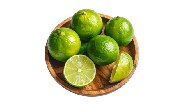 Overhead view of a wooden bowl filled with fresh, green limes, some sliced