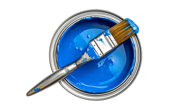 An overhead view of a blue paint can with a paintbrush resting inside, black background