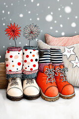 Christmas Boots on Snow | Festive Winter Footwear | Santa’s Red Boots | Cozy Holiday Scene | Snowy Christmas Vibes | Christmas Footprints in Snow