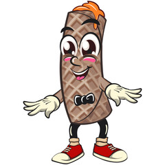 funny cute wafer stick biscuit mascot character wearing a bow tie and feeling cool, cartoon vector illustration for dessert and bakery design, work of hand drawn