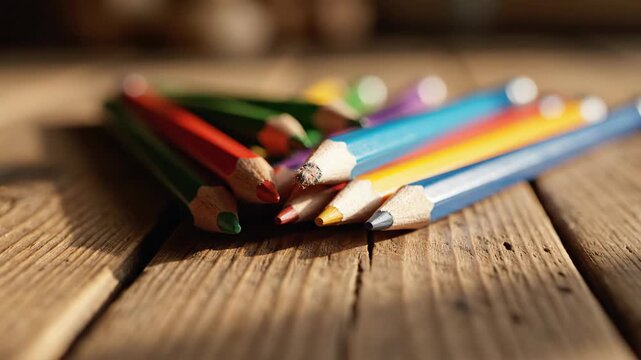 Assorted Color Pencils on Wooden Surface - A close-up studio shot shows a pile of colored pencils arranged on a wooden table.