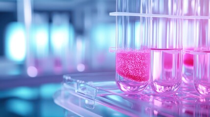 Test tubes with pink cell culture solution in laboratory