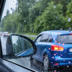 Obraz premium Driving in traffic on a rainy day, looking through a wet window.