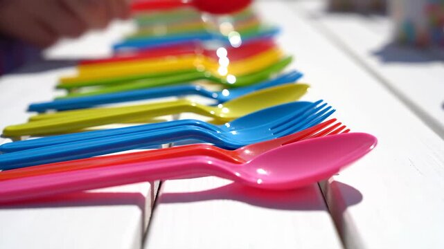 Colorful Plastic Cutlery on White Table - This close-up shot features an array of colorful plastic cutlery lined up neatly on a white wooden picnic table.