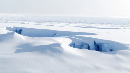 Obraz premium Vast glacial ice sheet with deep crevasses under bright sunlight
