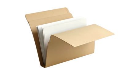 Brown file folder open, revealing stacked white paper sheets against black background
