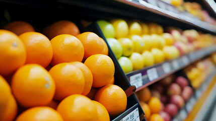 A vibrant display of fresh produce at the local store, featuring piles of oranges, lemons, green apples and red apples stacked neatly on shelves. A colorful, healthy selection.