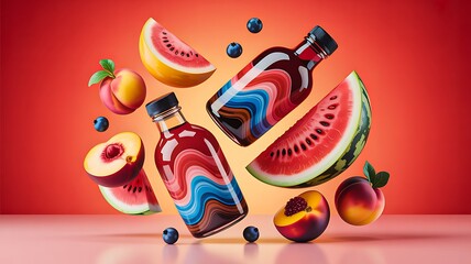 Refreshing colorful fruit juice bottles with watermelon peach and blueberry on red background representing healthy summer drink concept
