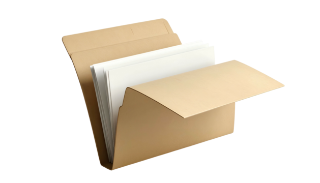 Brown file folder open, revealing stacked white paper sheets against black background