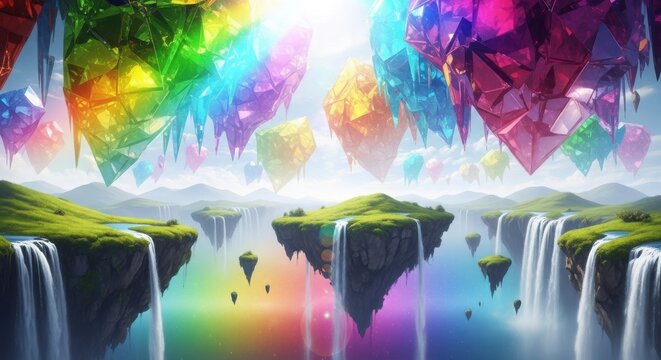 Vibrant Fantasy Landscape Floating Islands Waterfalls Bright Colorful Crystals Suspended Above Green Terrain Dreamlike Environment