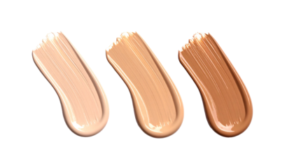 Three cosmetic product swatches in varying skin tones, against a black background