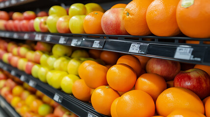 Eye-level view of fresh produce on grocery store shelves. Rows of vibrant oranges, apples, and pears create a colorful and appealing display of healthy fruit options.