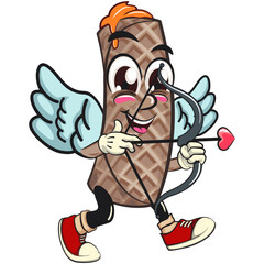 funny cute wafer stick biscuit mascot character being cupid with angel wings and the arrow of love, cartoon vector illustration for dessert and bakery design, work of hand drawn