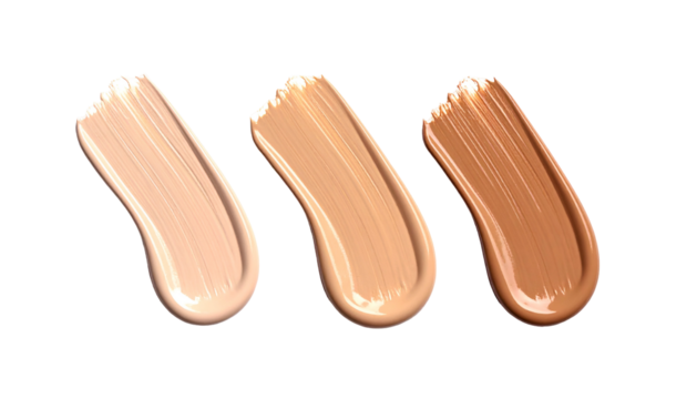 Three cosmetic product swatches in varying skin tones, against a black background