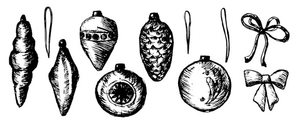 Hand drawn vector sketch of christmas ornaments balls and bows in vintage engraving style. Ink pen illustration for winter holidays. Xmas baubles outline set. Linear sketch of tree toys and bows