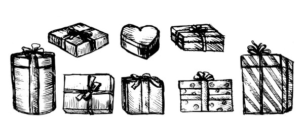 Vector Gift box sketch set. Christmas collection of present boxes. Hand drawn vector illustration of gifts in different boxes, can used for greeting cards, tags and invitations.