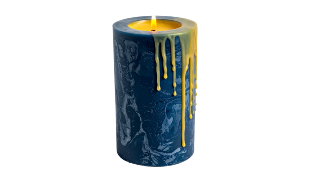 A cylindrical pillar candle with a burning flame, blue body, and yellow wax drippings