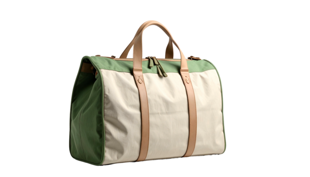 A travel bag with green, beige, and tan color-blocking. It has two handles and a zipper