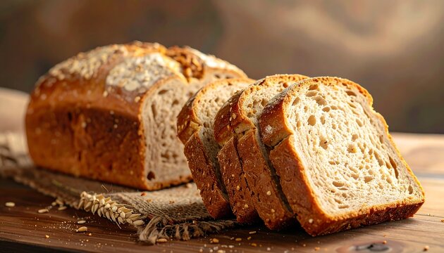 Freshly baked whole grain bread loaf sliced on a wooden table.